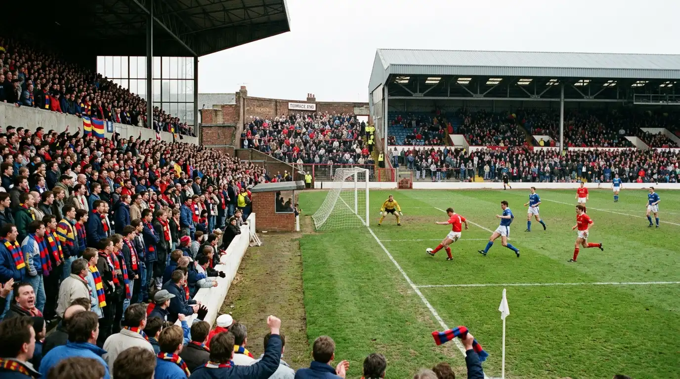 Estadio de fútbol inglés en los años noventa durante un partido de la Premier League