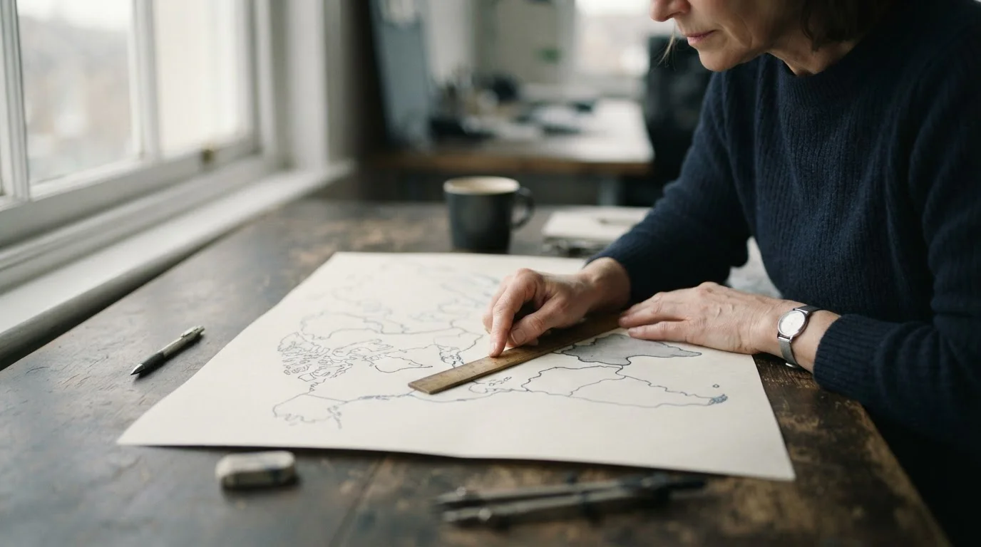 Mapa impreso en tonos apagados sobre una mesa con una mano que señala una región