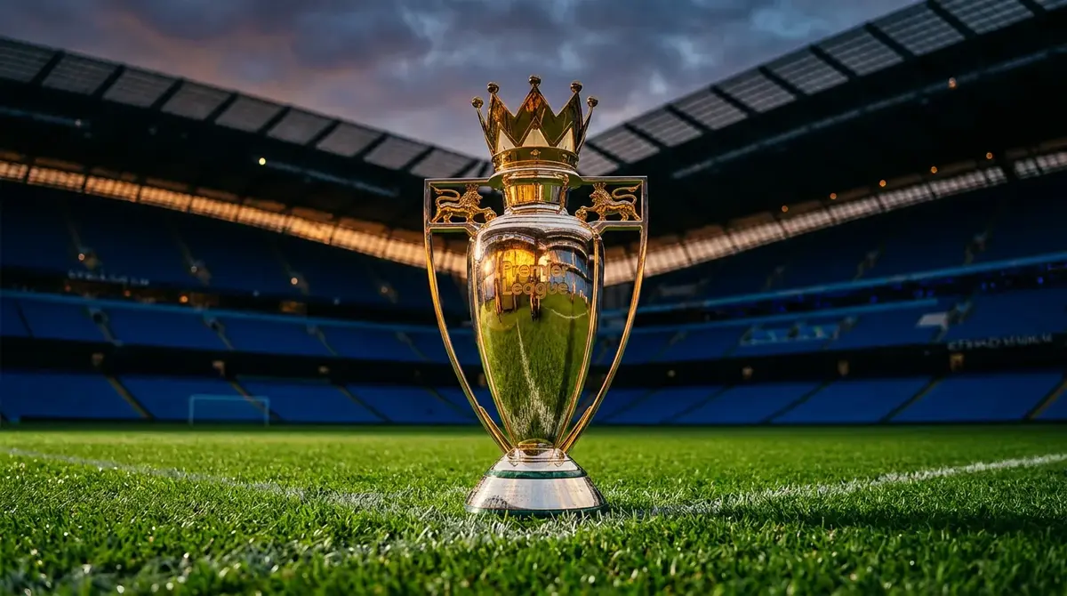 Trofeo de la Premier League sobre el césped de un estadio inglés