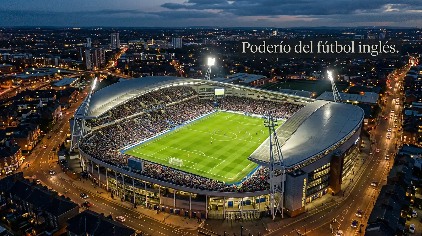Vista panorámica de un estadio de la Premier League lleno de aficionados durante un partido nocturno