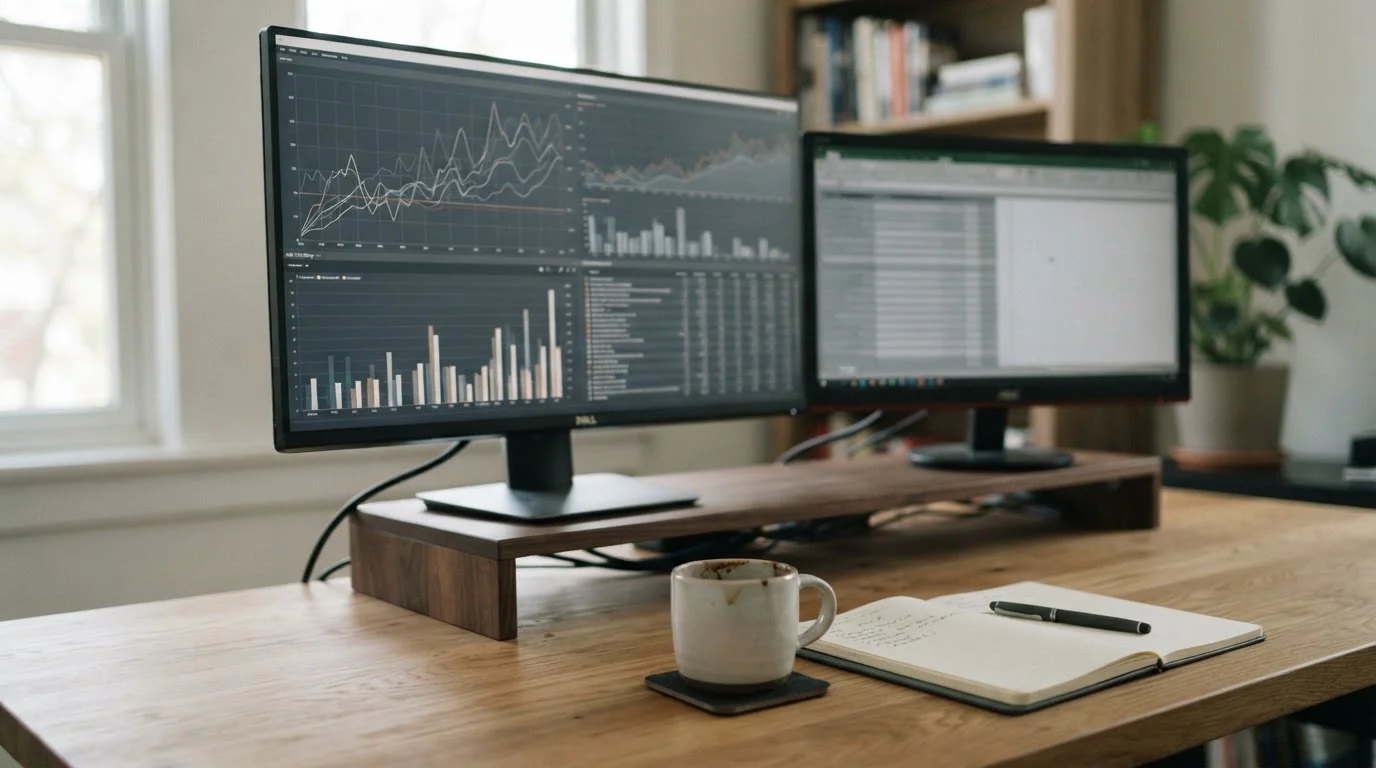Pantalla con gráficos abstractos de datos en tiempo real sobre una mesa de analista