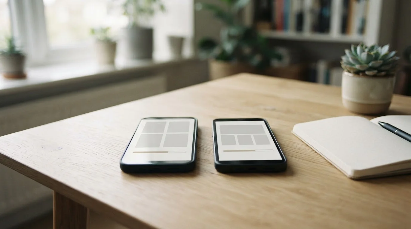 Dos smartphones sobre una mesa muestran pantallas de instalación neutras