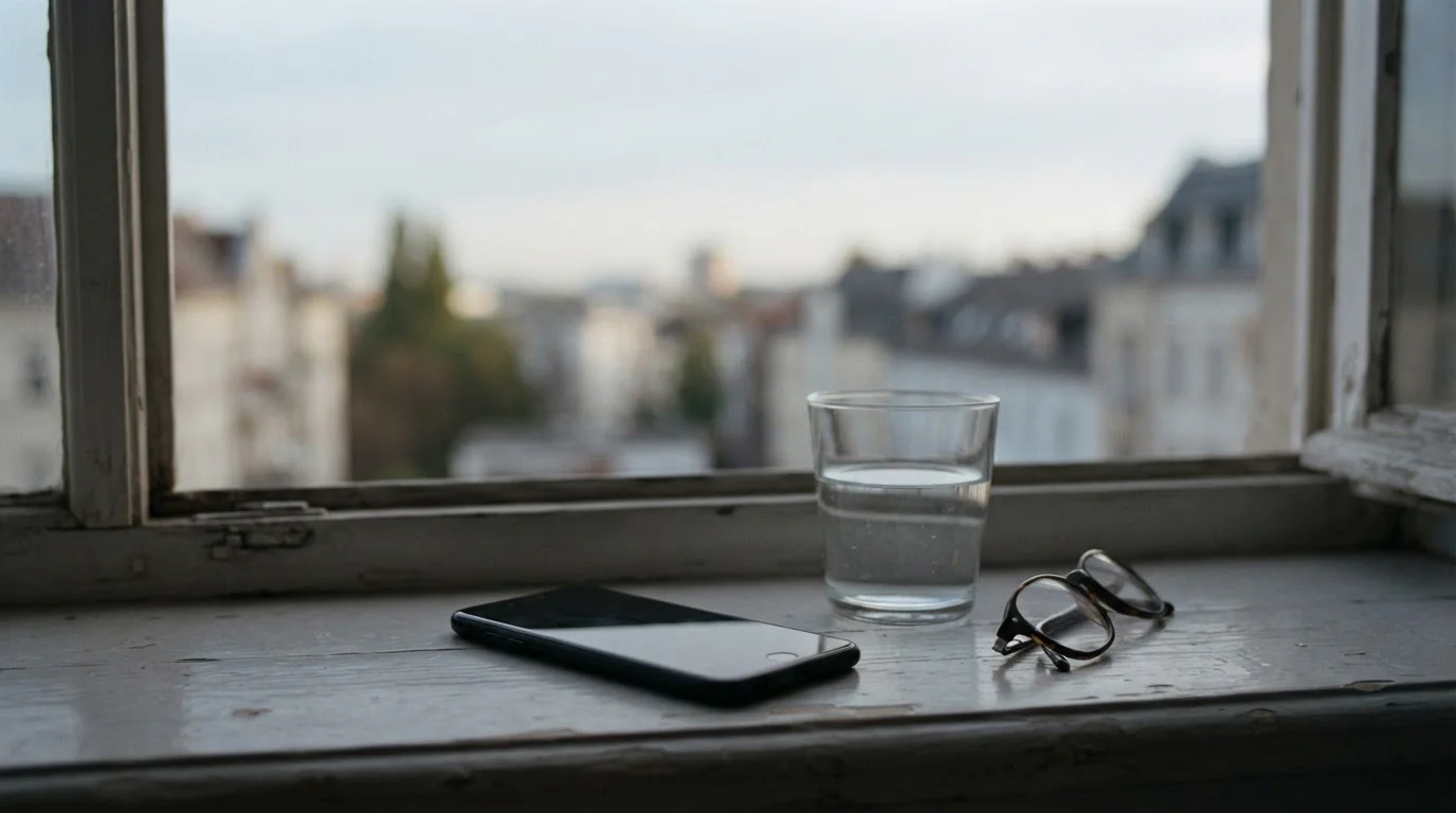 iPhone con pantalla apagada sobre una mesa junto a una ventana al atardecer