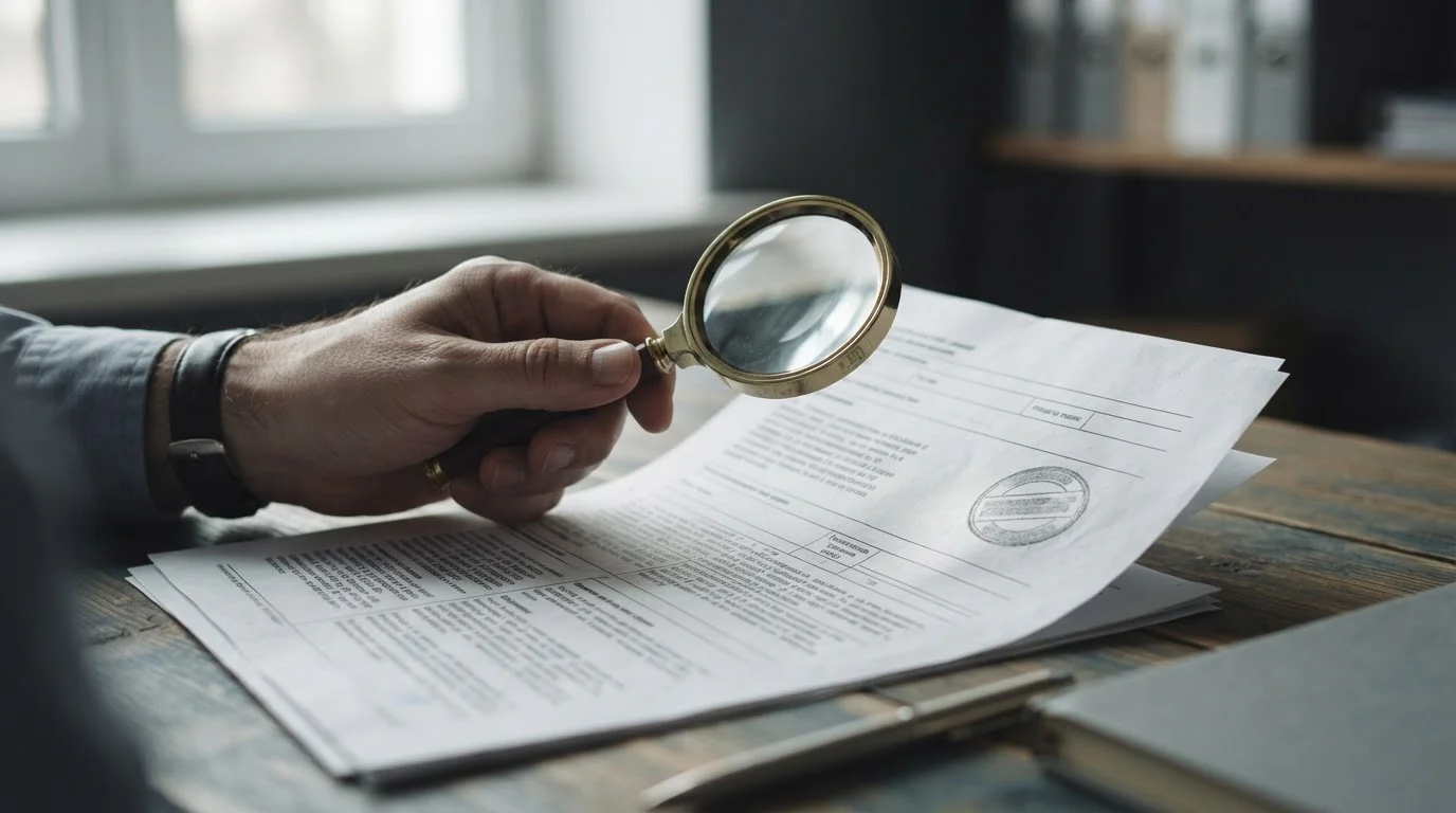Manos revisando un documento oficial con lupa sobre una mesa