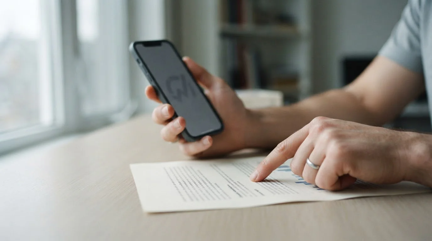 Manos sosteniendo un iPhone y señalando un párrafo impreso en un folleto