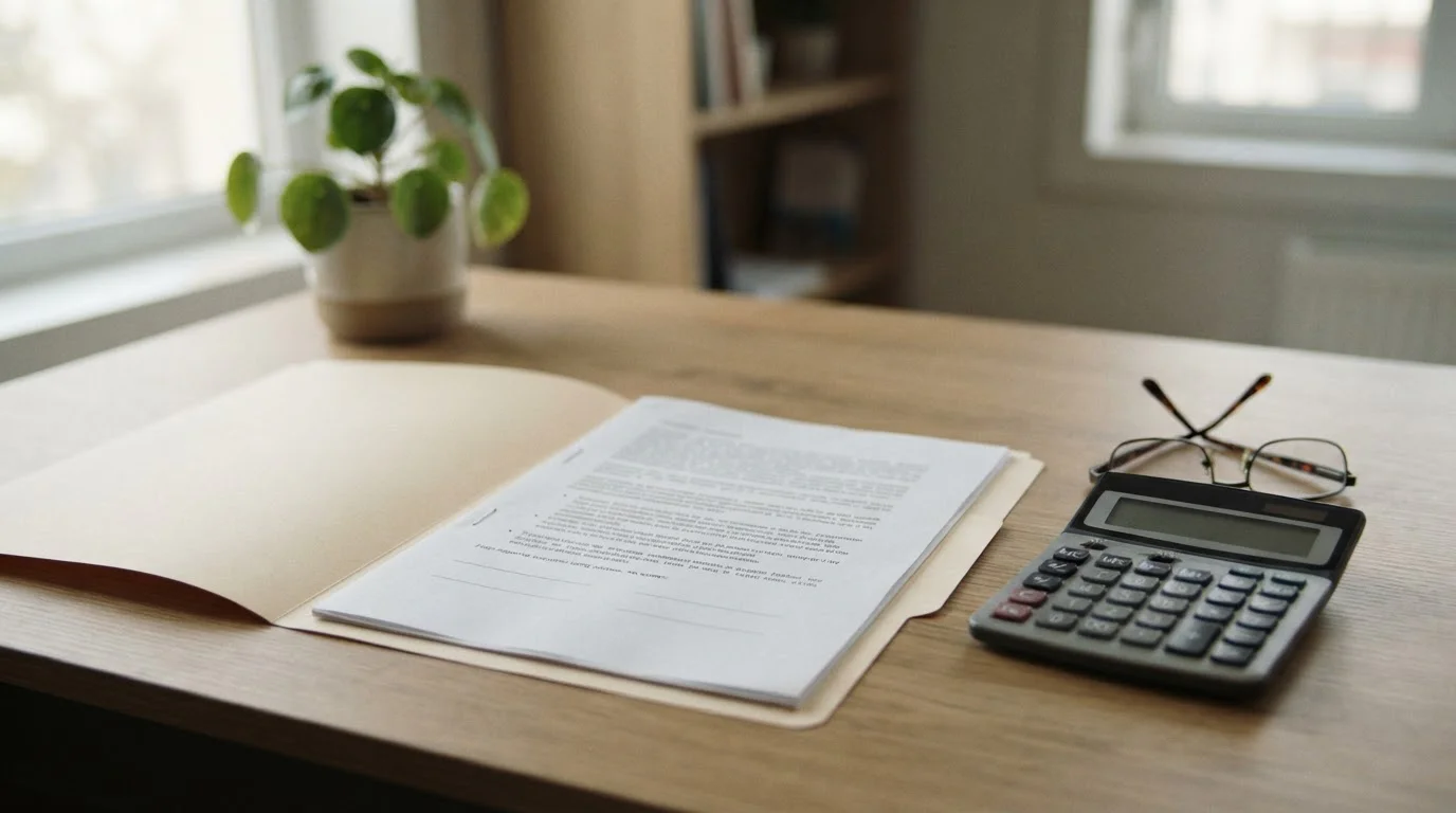 Escritorio con documentos oficiales y una calculadora, ambiente sobrio