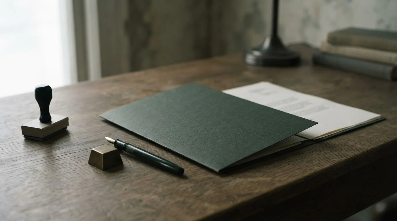 Carpeta con documentos legales y sello sobre un escritorio sobrio