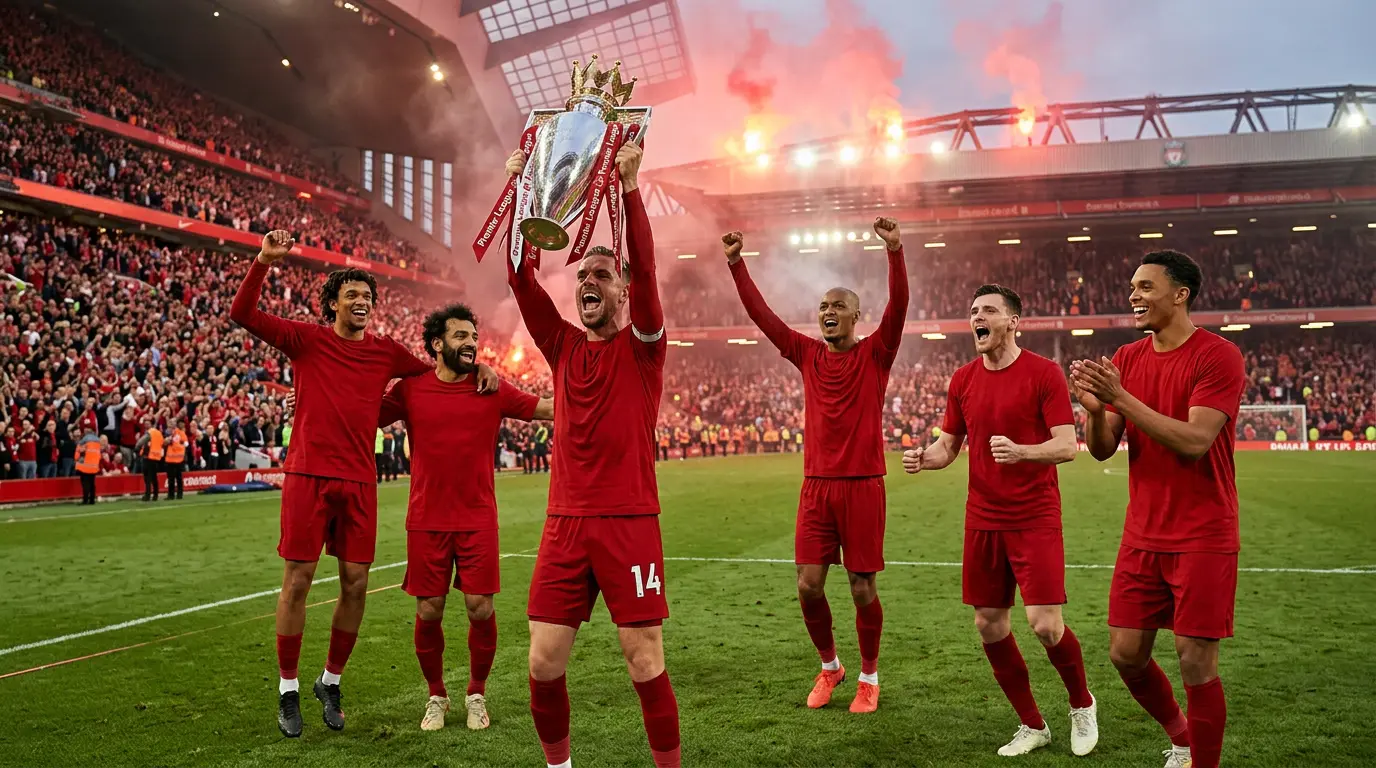 Liverpool celebrando el título de Premier League 2024-25 en Anfield con la afición