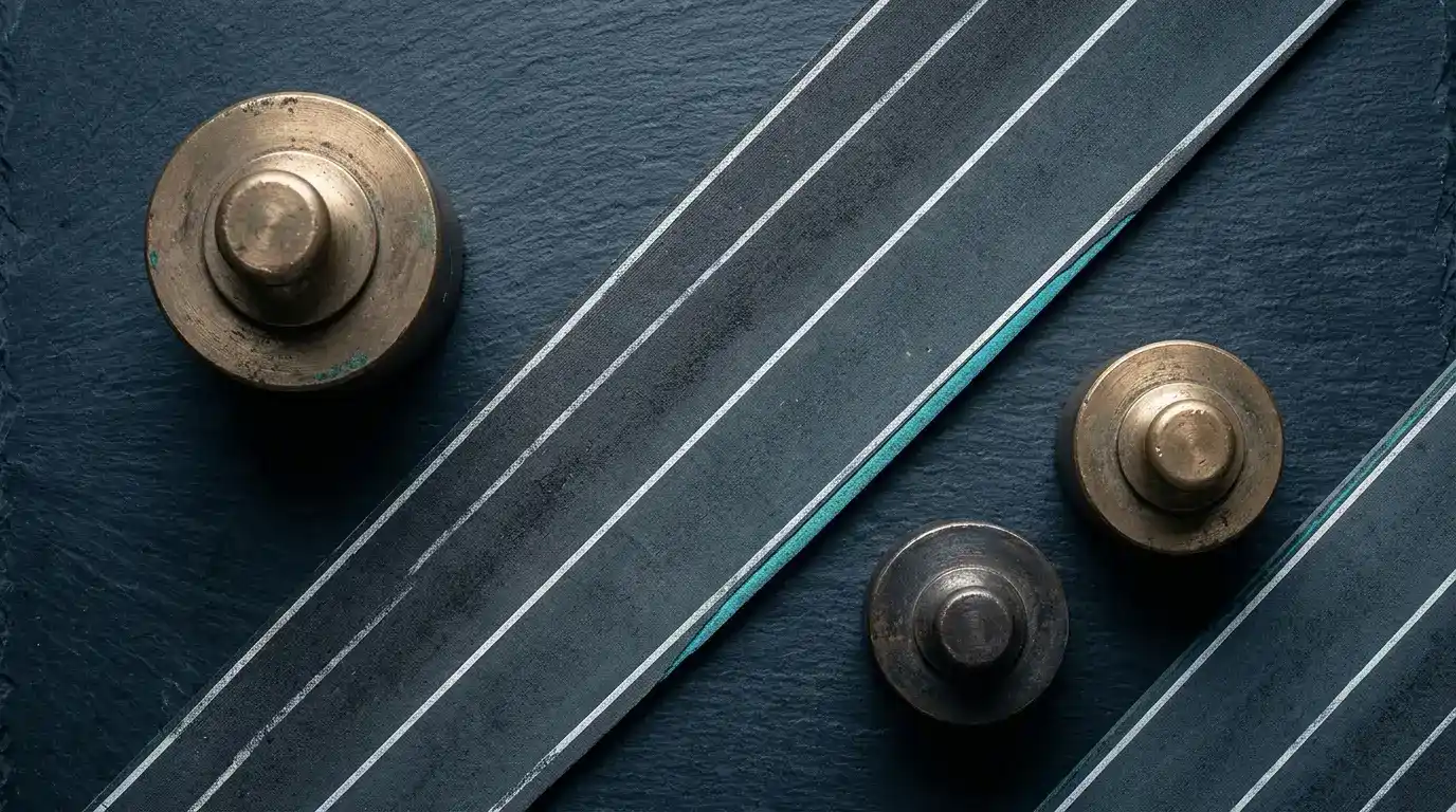 Tres pesas metálicas de calibración junto a franjas paralelas de una pista deportiva