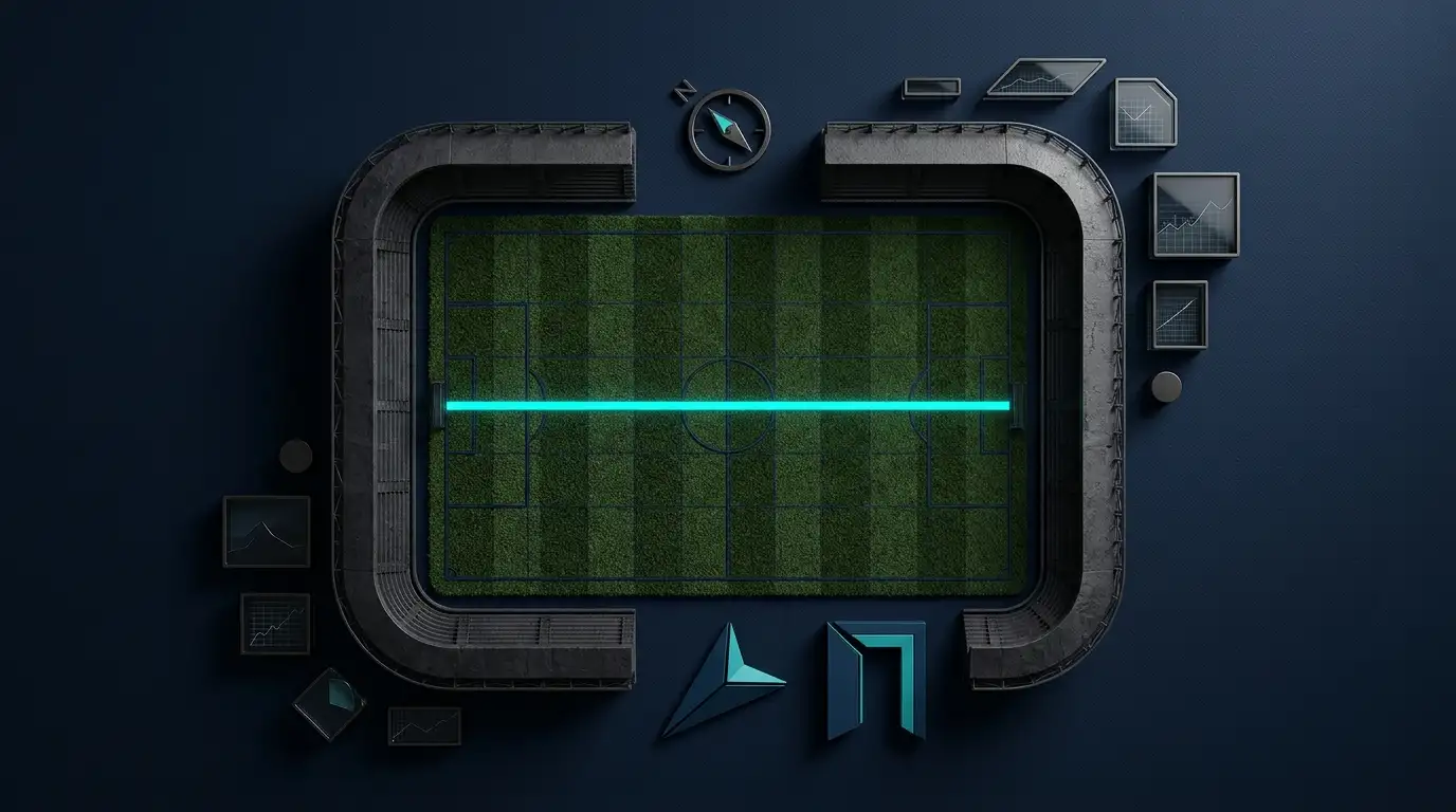 Vista cenital de una maqueta de campo de fútbol con una línea turquesa iluminada