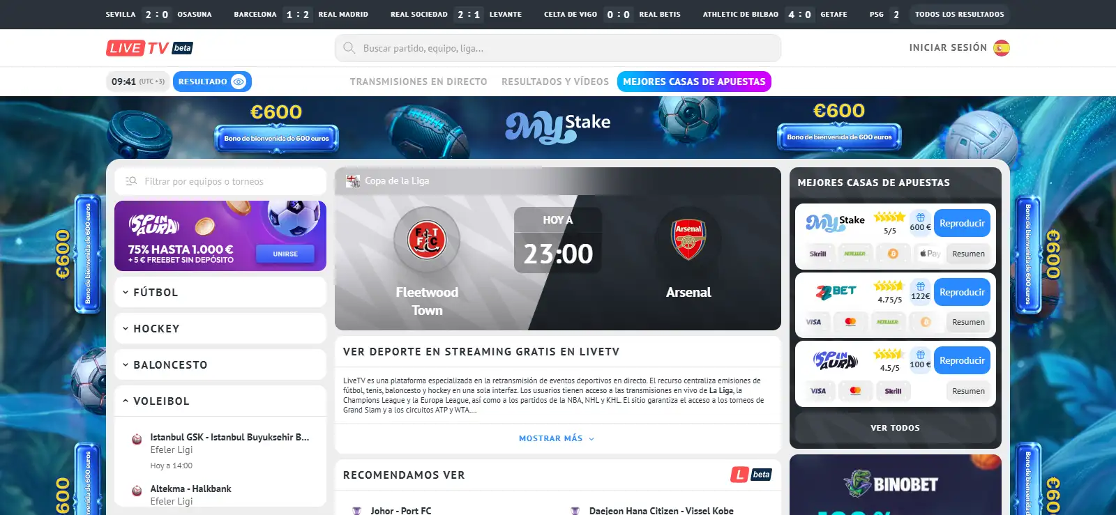 Portada de LiveTV con apartados deportivos y navegación en español