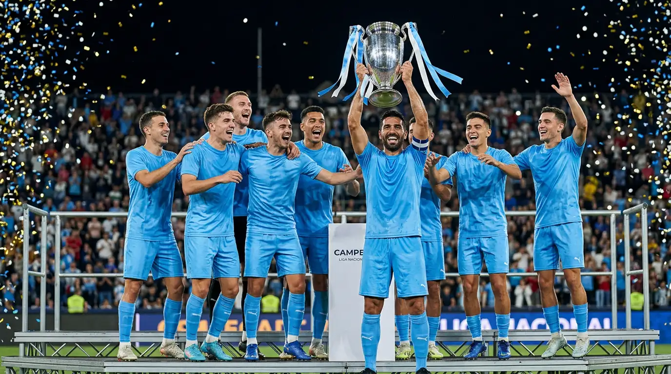 Manchester City levantando el trofeo de la Premier League en el Etihad Stadium