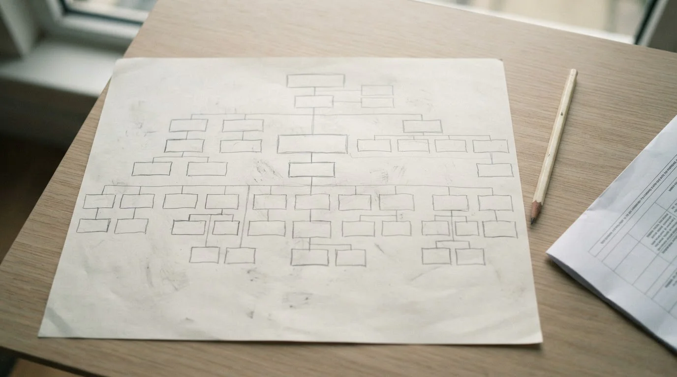 Diagrama esquemático de conexiones entre bloques anónimos sobre papel