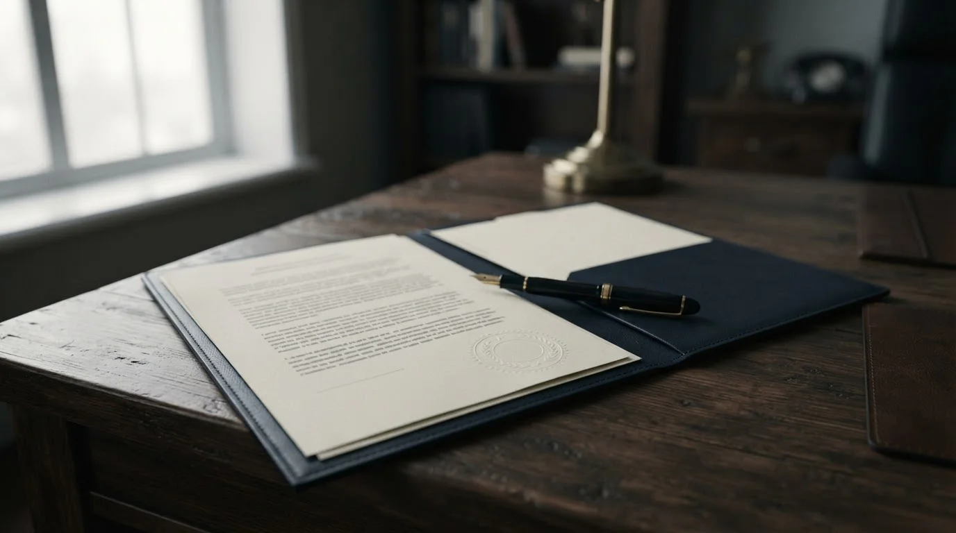 Carpeta con documentos legales y sello sobre mesa de despacho