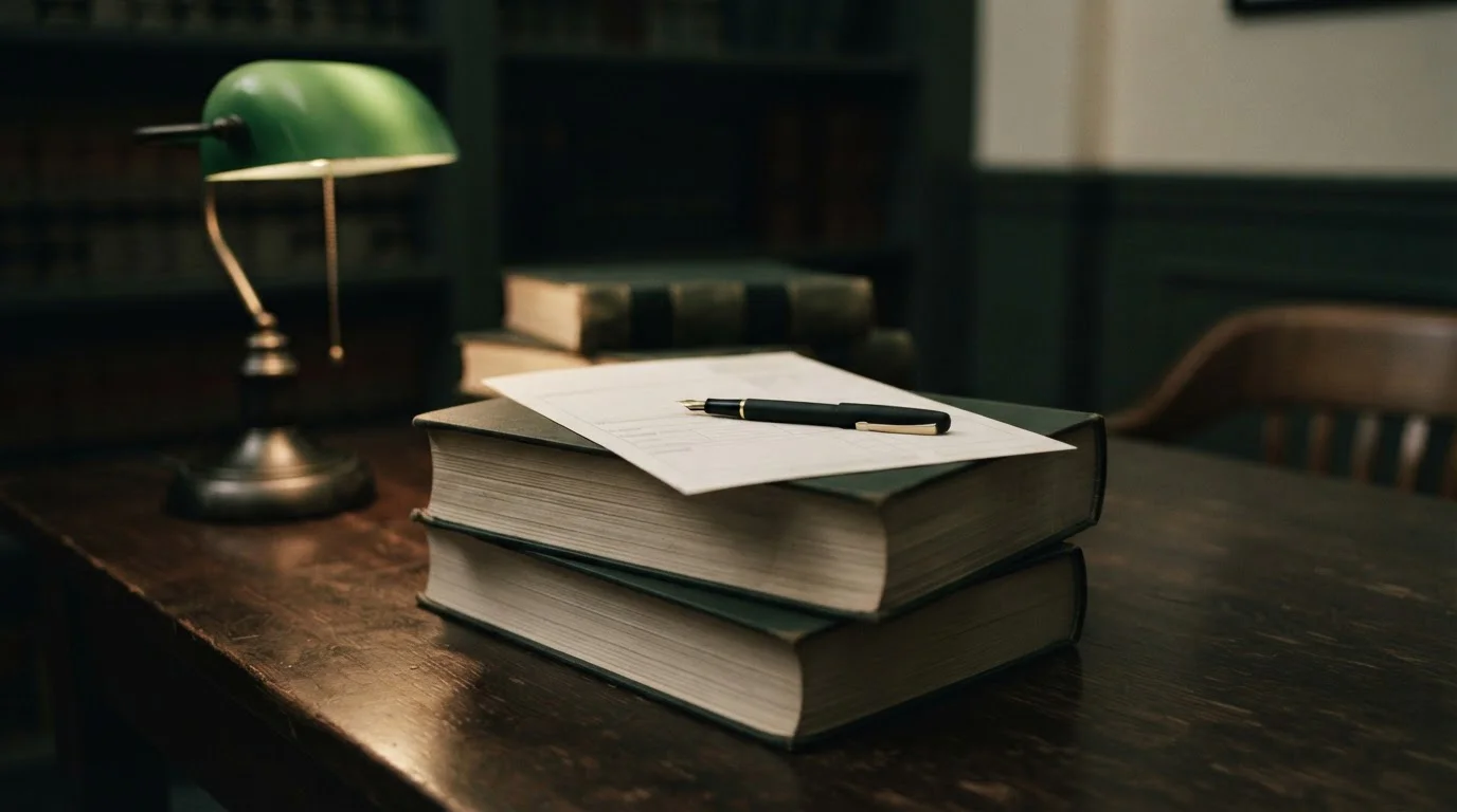 Libros de leyes apilados junto a un formulario en blanco y un bolígrafo