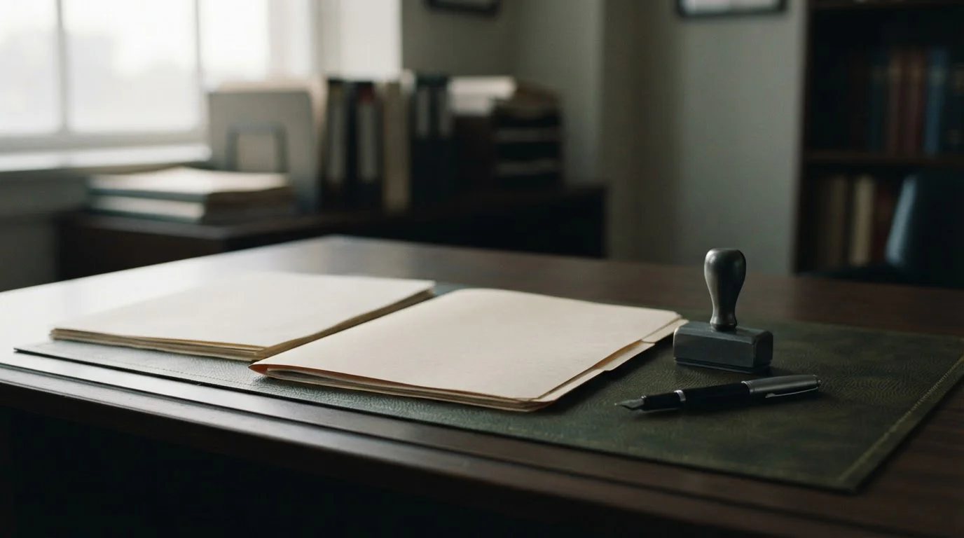Carpeta de documentos regulatorios y sello sobre un escritorio sobrio