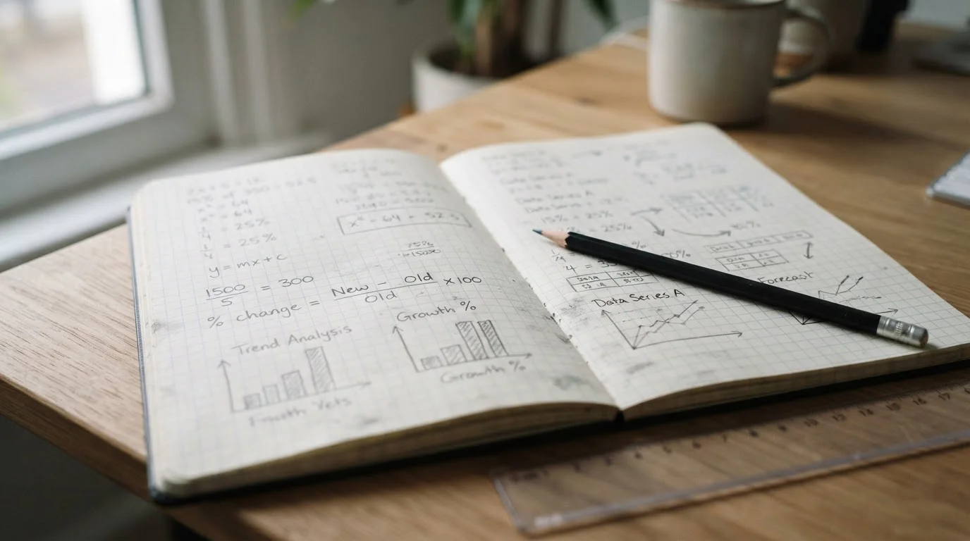 Cuaderno con ecuaciones sencillas y porcentajes escritos a lápiz