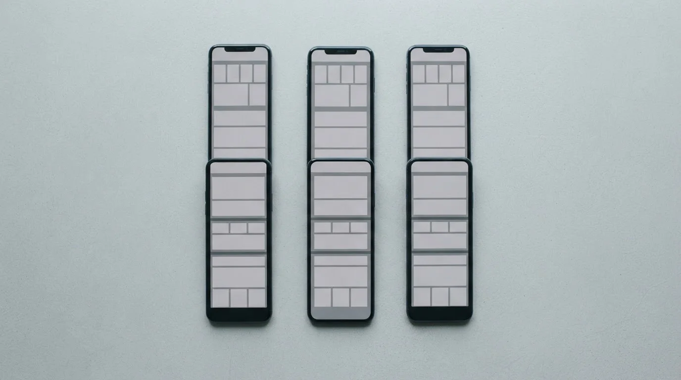 Cuadrícula de nueve smartphones vistos desde arriba sobre fondo neutro