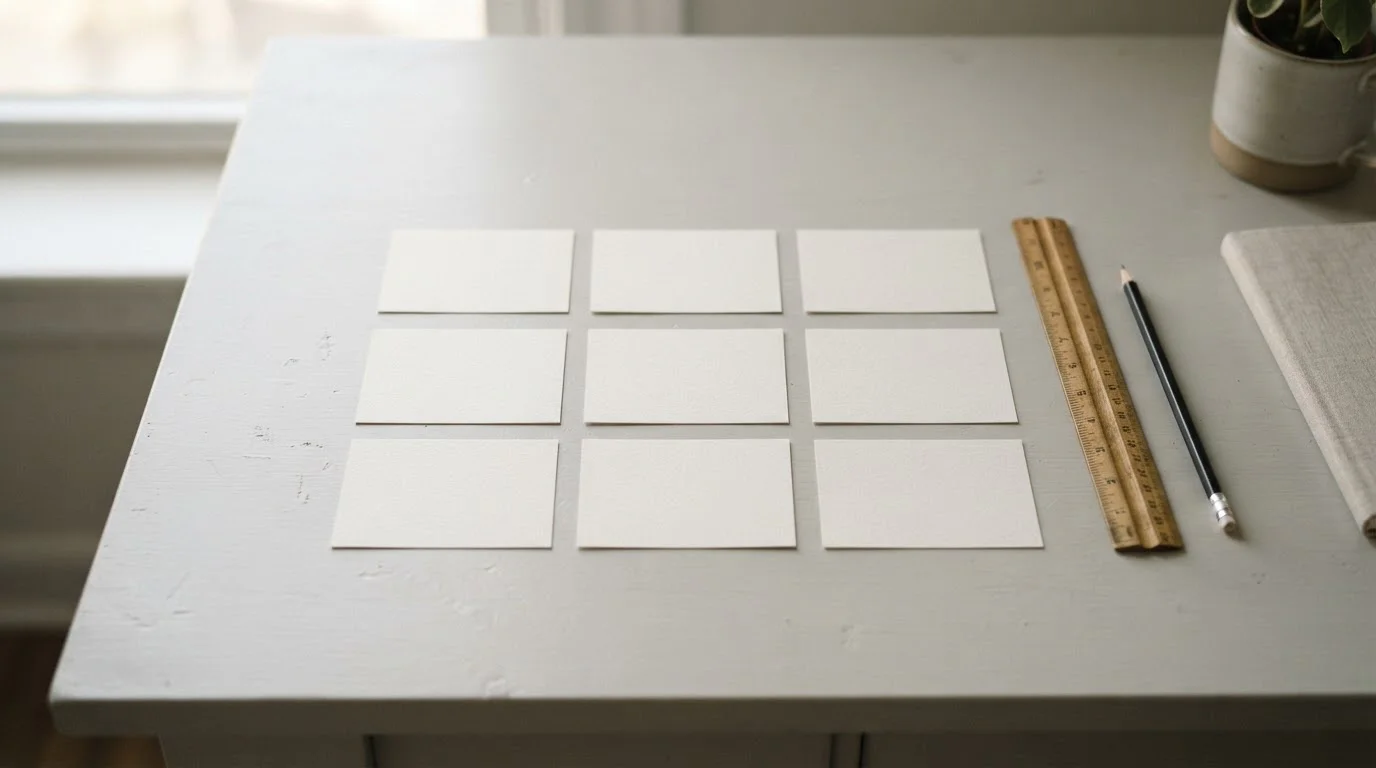 Tablero editorial con nueve fichas de papel dispuestas en cuadrícula sobre una mesa clara