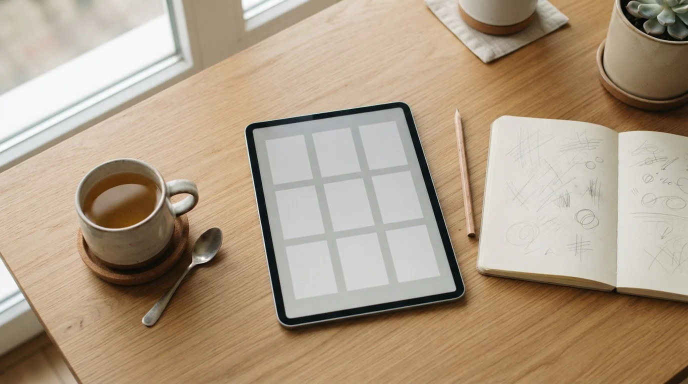 Mesa de trabajo con una comparativa de nueve opciones en una tableta