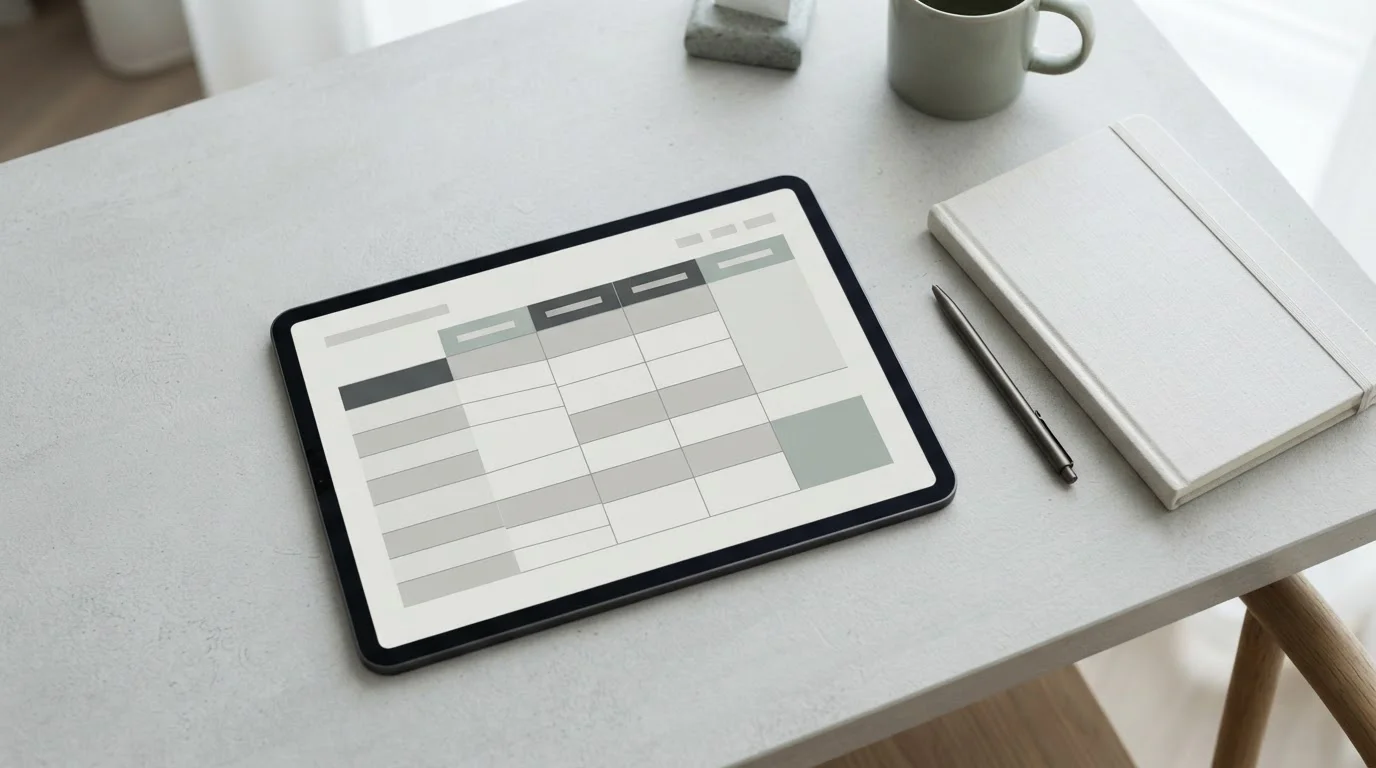 Escritorio con tableta mostrando una tabla comparativa neutra de operadores