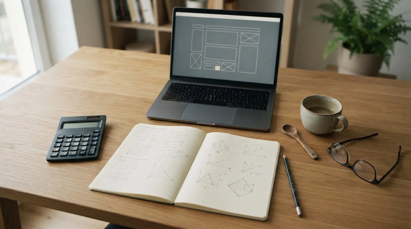 Escritorio con cuaderno de cálculos y calculadora junto a una taza de café
