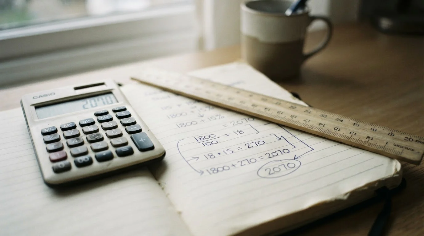 Calculadora y cuaderno con un cálculo de margen sobre una mesa clara
