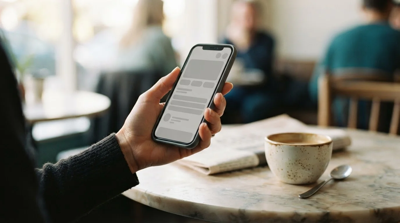 Mano sostiene un smartphone con pantalla neutra junto a una taza en una cafetería