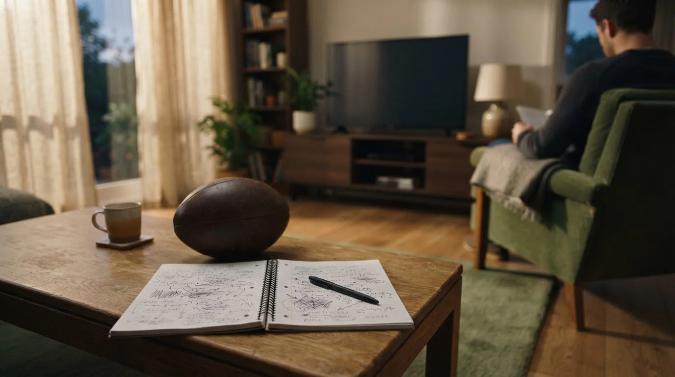 Cuaderno con anotaciones y un balón sobre una mesa junto a una televisión apagada