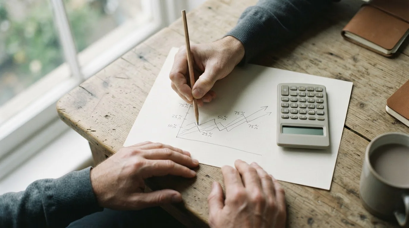 Manos calculando sobre papel con gráfico simple de comisiones