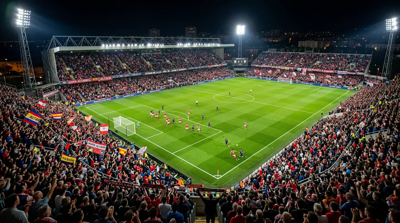Estadio de la Premier League lleno de espectadores durante un partido nocturno con las gradas iluminadas