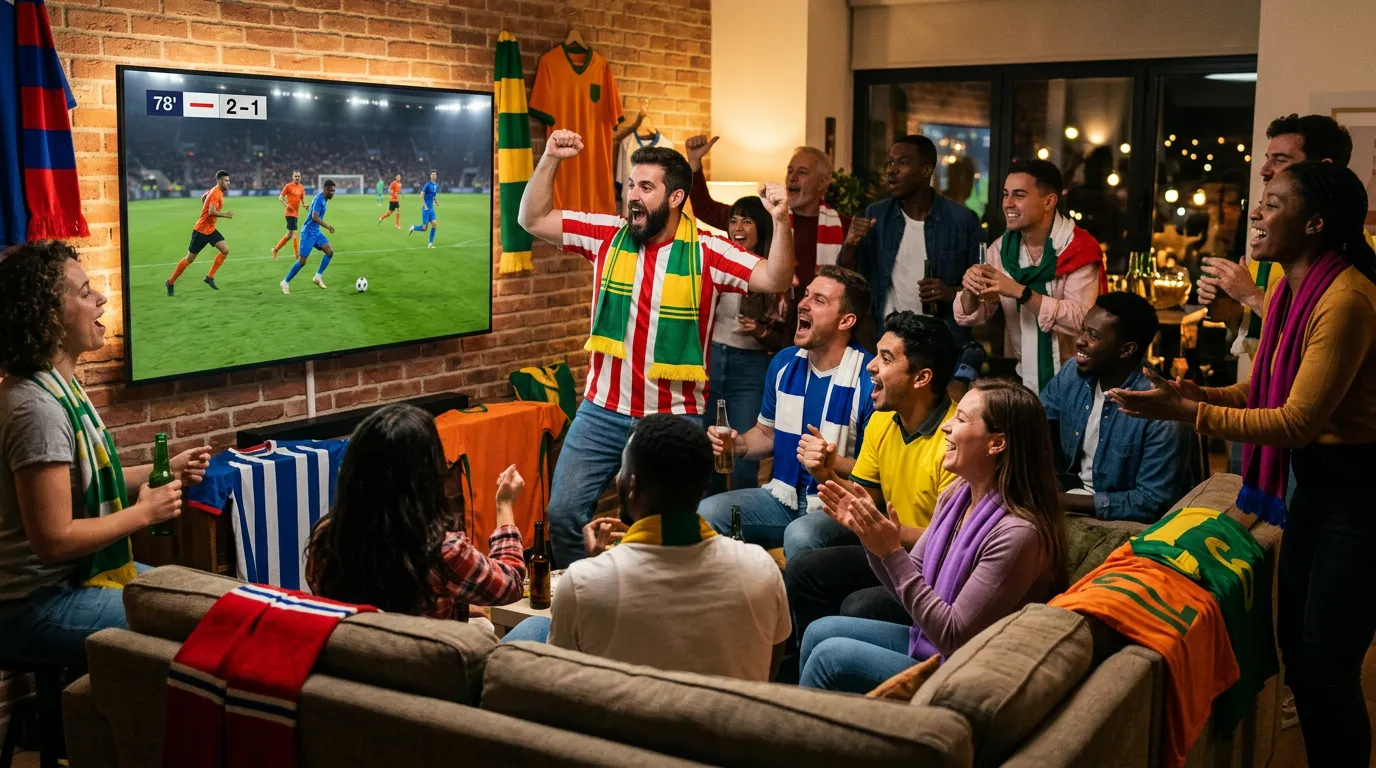 Grupo de aficionados de diferentes nacionalidades viendo un partido de la Premier League en televisión