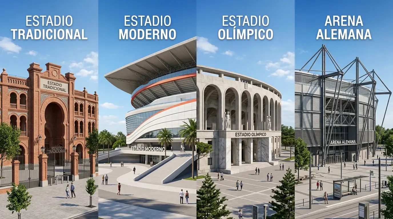 Cuatro estadios de fútbol europeos con arquitecturas distintivas representando las grandes ligas