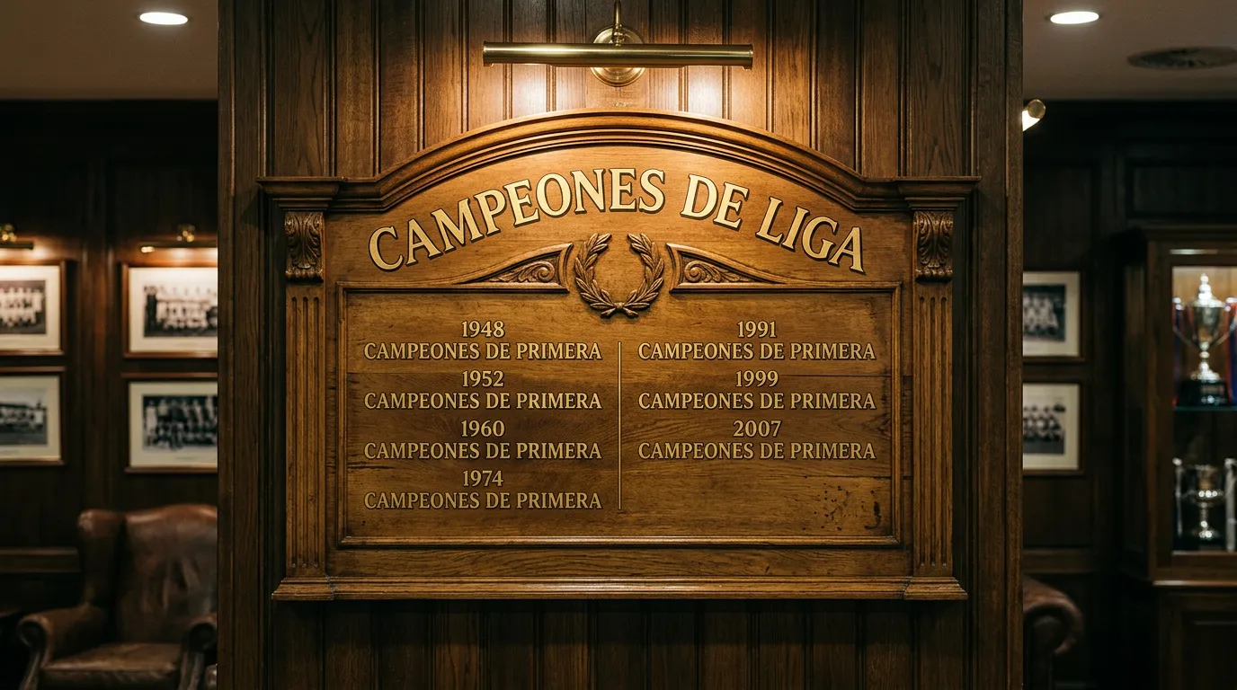 Cuadro de honor de madera en un club de fútbol inglés con nombres de campeones en letras doradas
