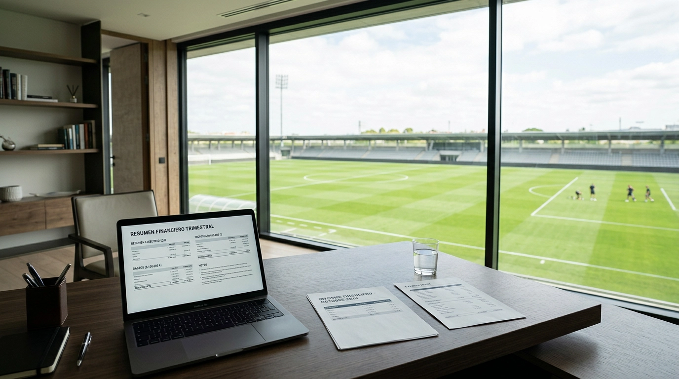 Oficina ejecutiva con vistas a un campo de fútbol de la Premier League a través de un ventanal