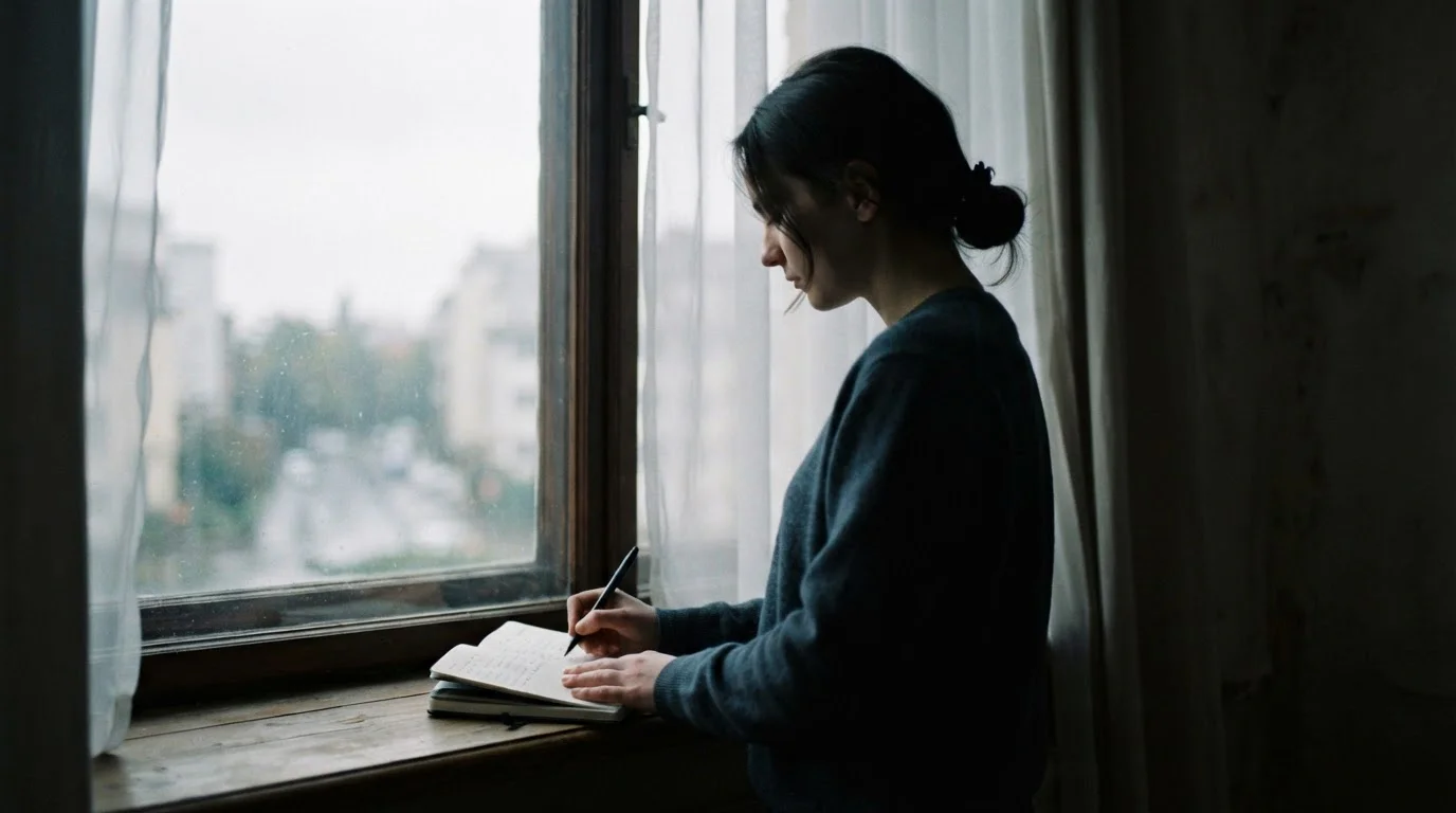 Silueta de una persona junto a una ventana ajustando notas en un cuaderno