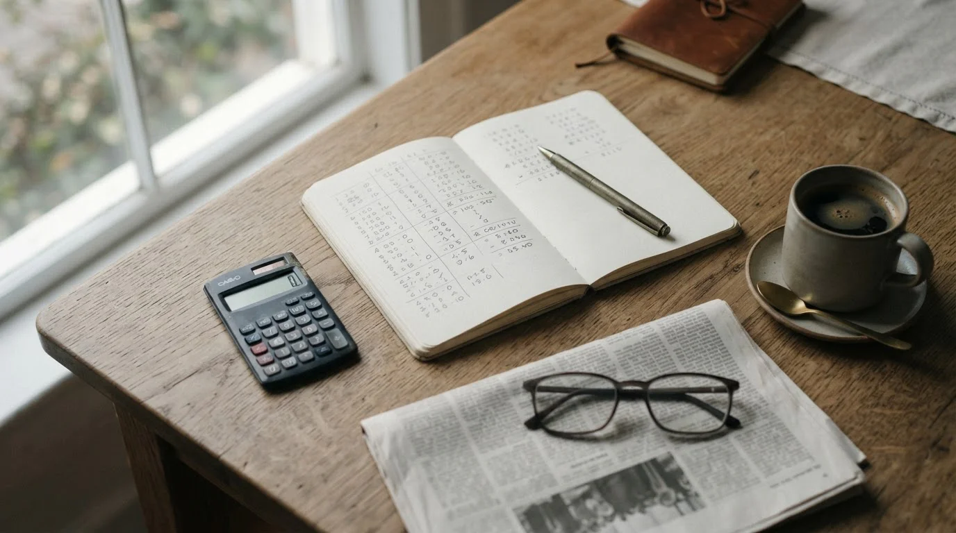 Mesa de trabajo con cuaderno de notas y calculadora para analizar casas de apuestas en España
