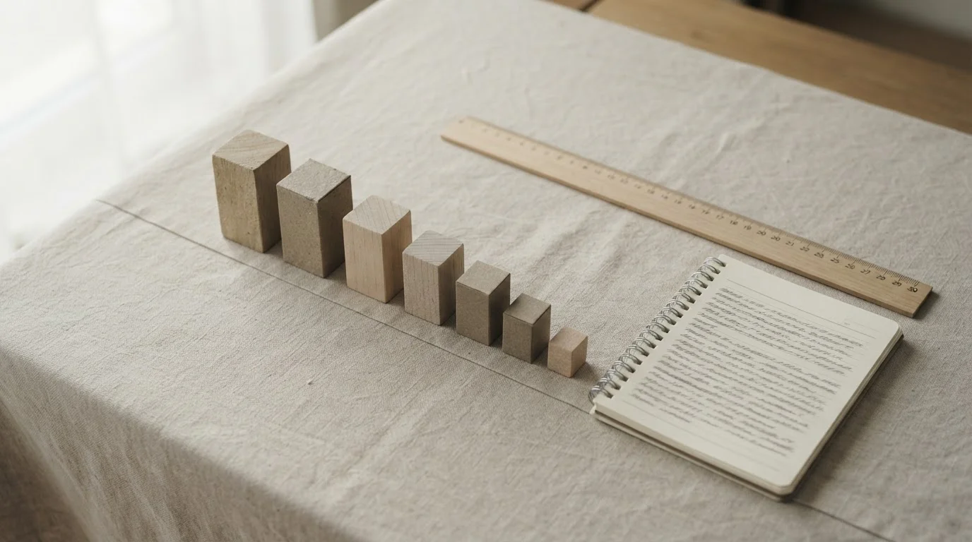 Comparativa visual con bloques grises ordenados por altura sobre una mesa