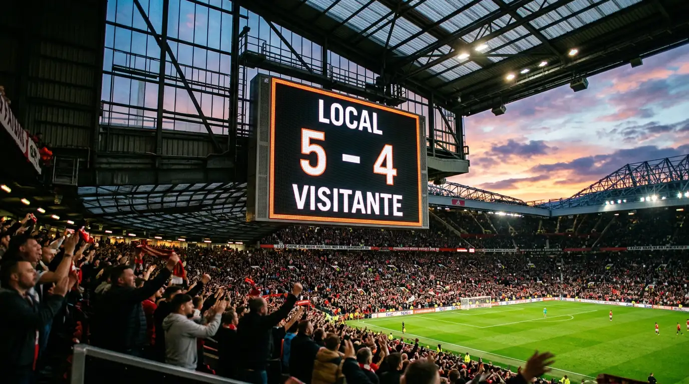 Marcador electrónico de un estadio de la Premier League mostrando un resultado de partido