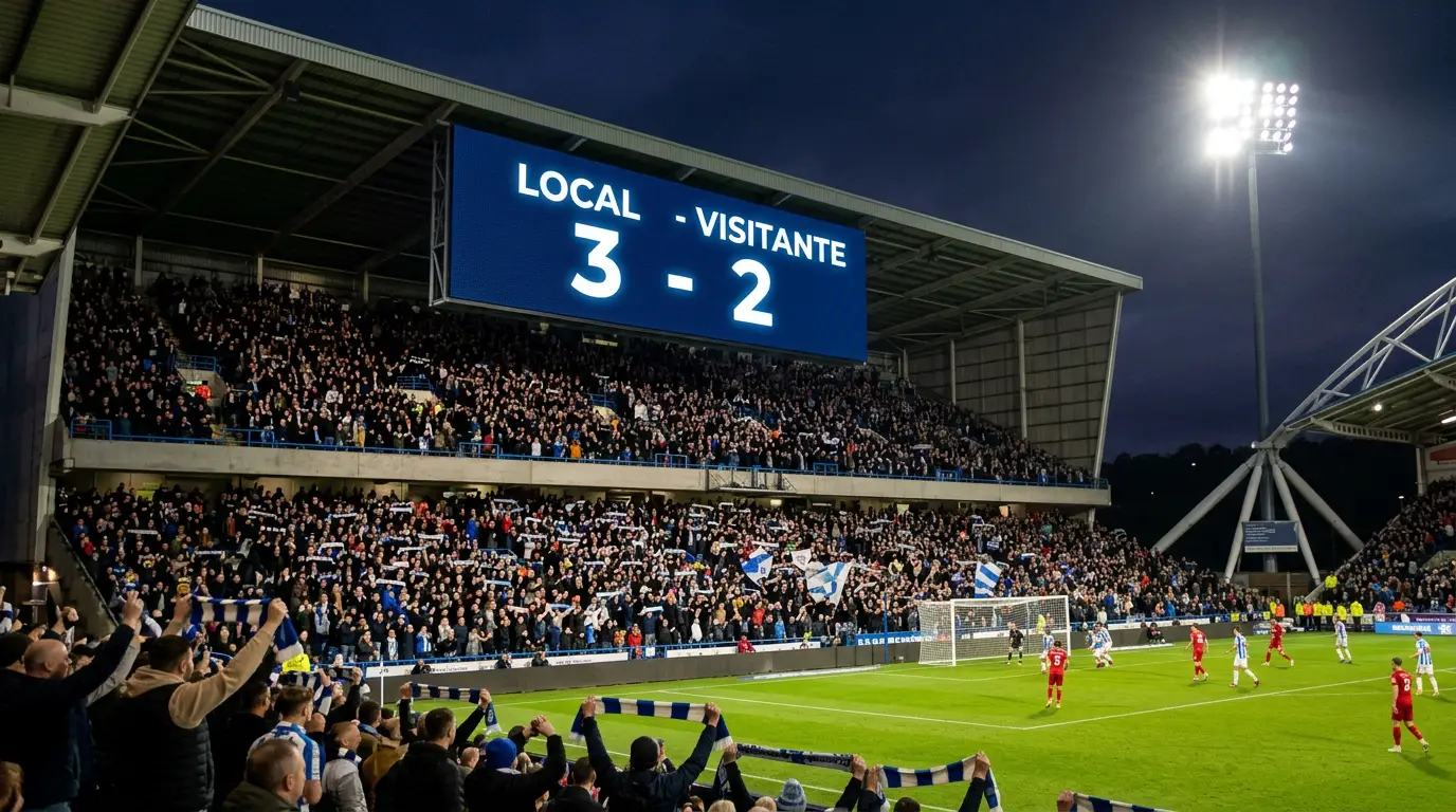 Marcador de un estadio de fútbol inglés mostrando un resultado histórico de la Premier League