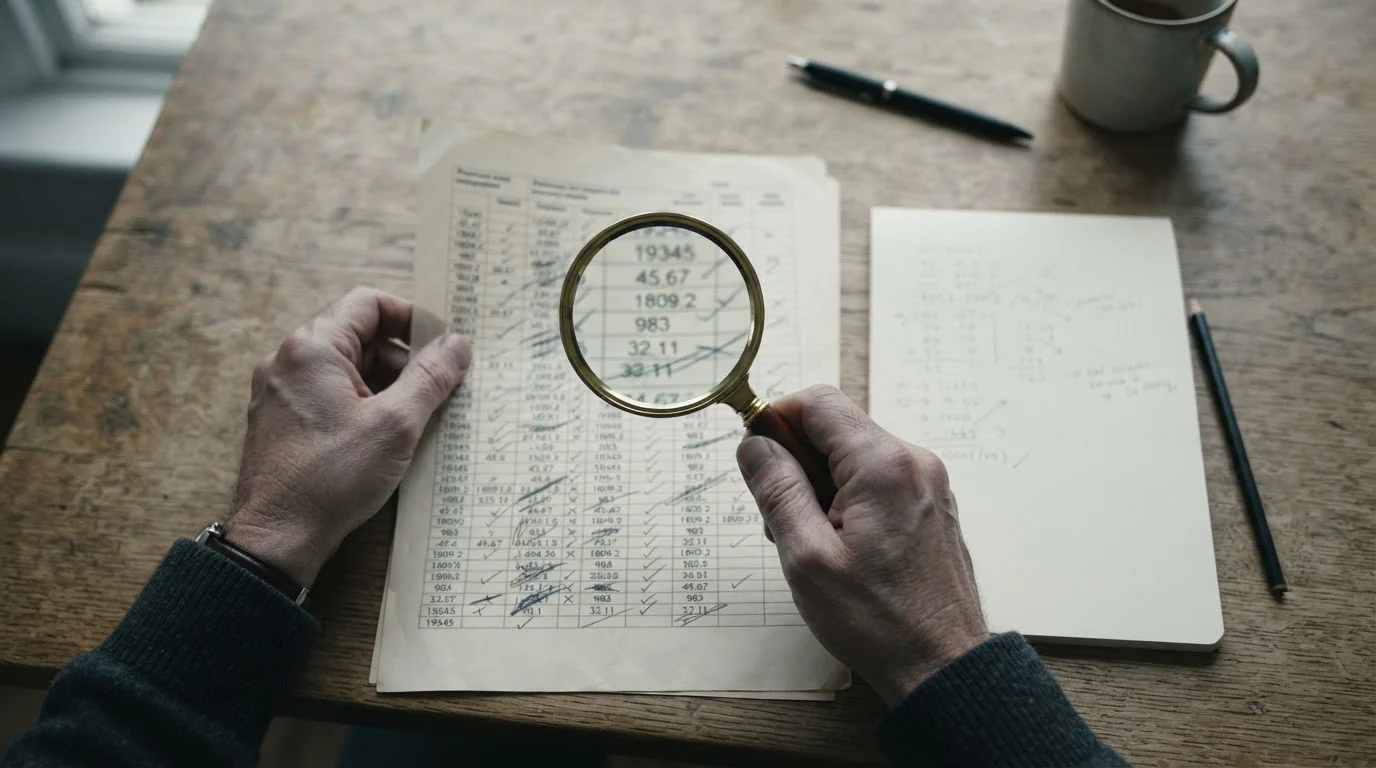 Manos revisando un historial impreso de resultados con lupa