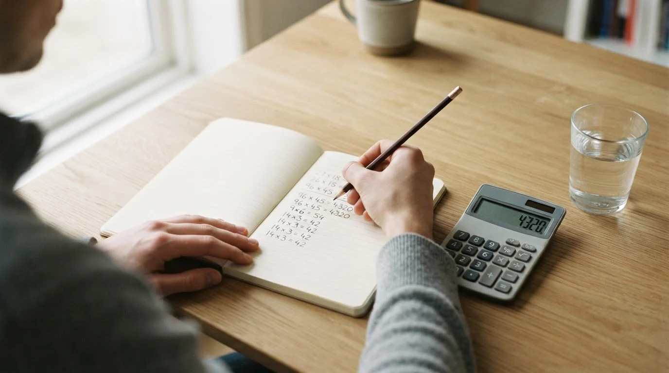 Manos anotando cálculos en un cuaderno junto a una calculadora sobre una mesa clara