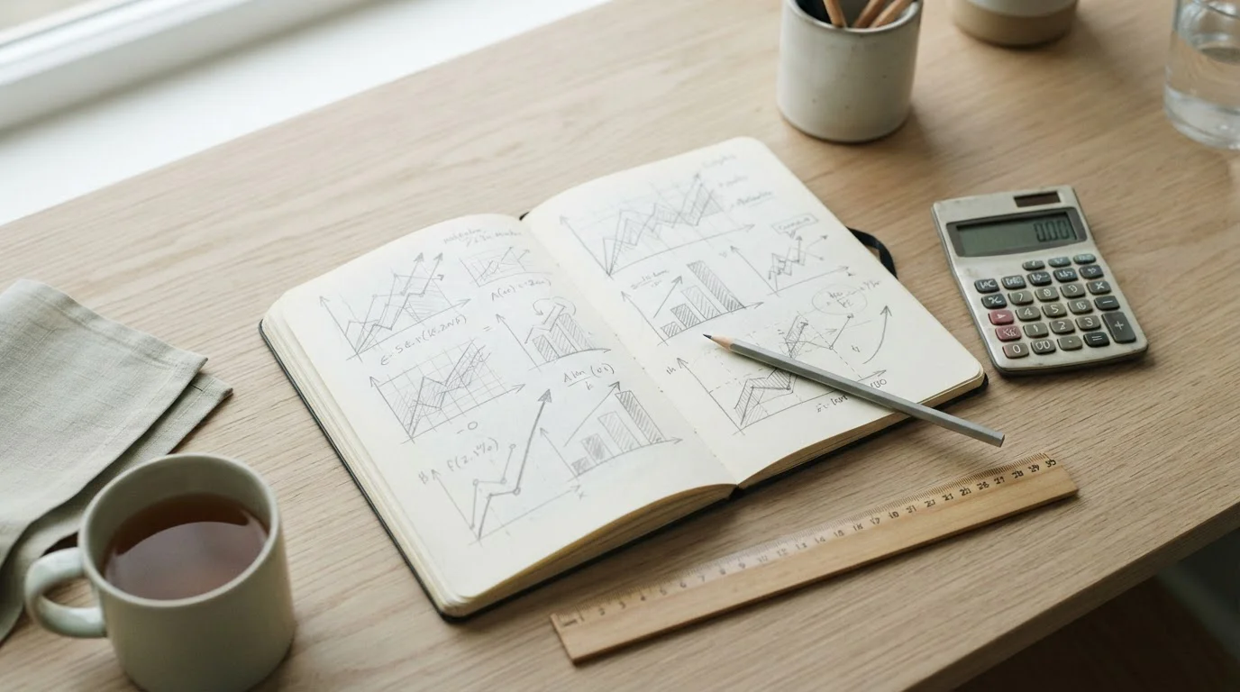 Cuaderno con gráficos manuscritos y calculadora para simular resultados de apuestas