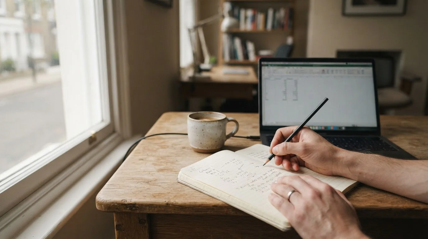 Manos anotando en un cuaderno junto a un portátil con tabla neutra