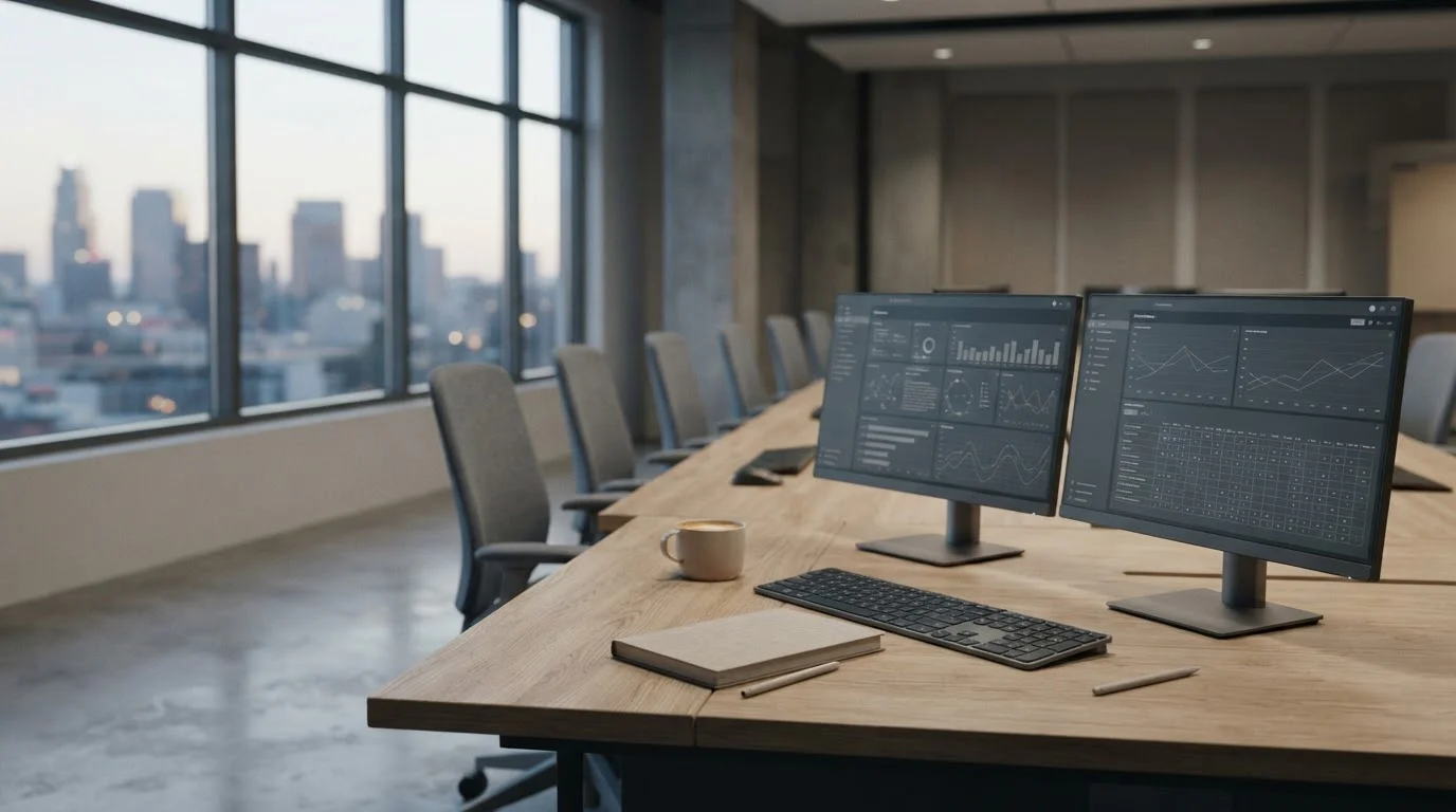 Sala de trabajo con monitores mostrando paneles neutros de una plataforma de apuestas deportivas bajo licencia