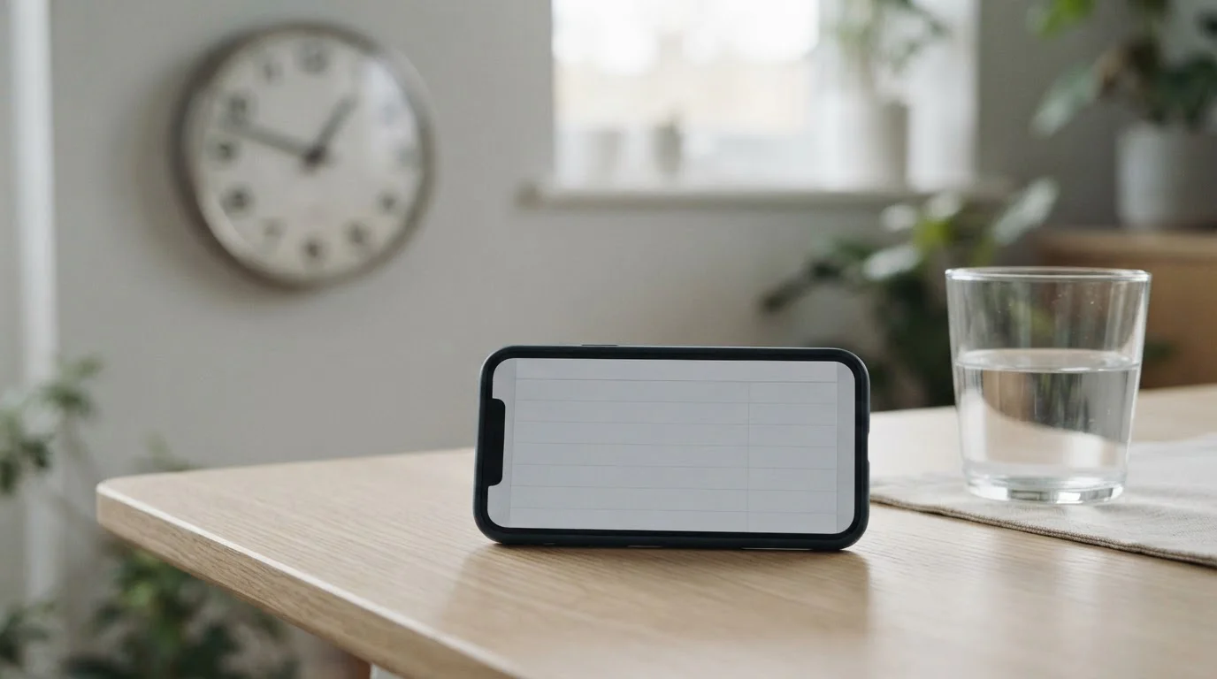 Reloj de pared y móvil con pantalla en blanco sobre una mesa clara
