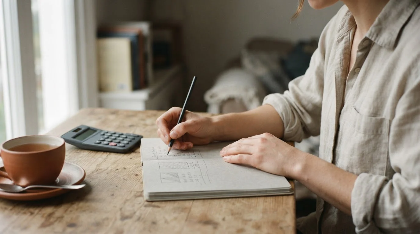 Cálculo a mano con calculadora y libreta que muestra cómo se descuenta un bono de bienvenida